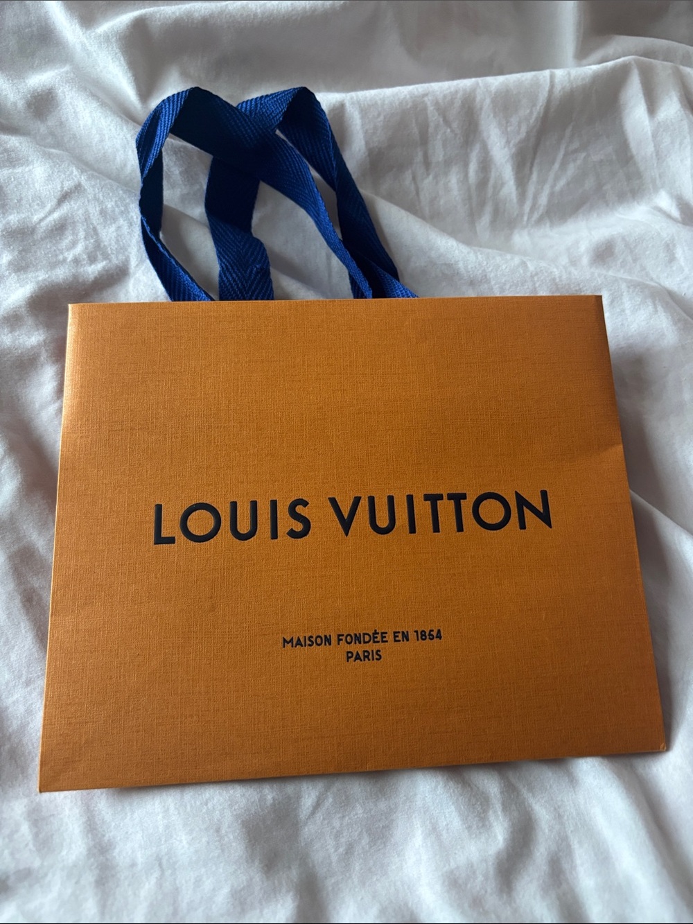 Louis Vuitton Orange Shopping Bag with Blue Ribbon Handles-small